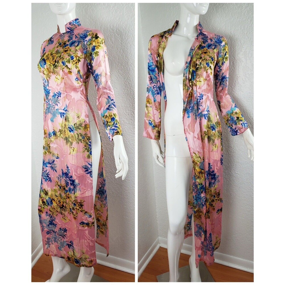 Vintage 1970s Pink Gold Sheer Floral Ao Dai Cheongsam Dress Qipao OOAK Sz XS S